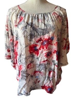 CAbi Floral Scoop-Neck Silk Tunic Top in Red, White & Gray Small